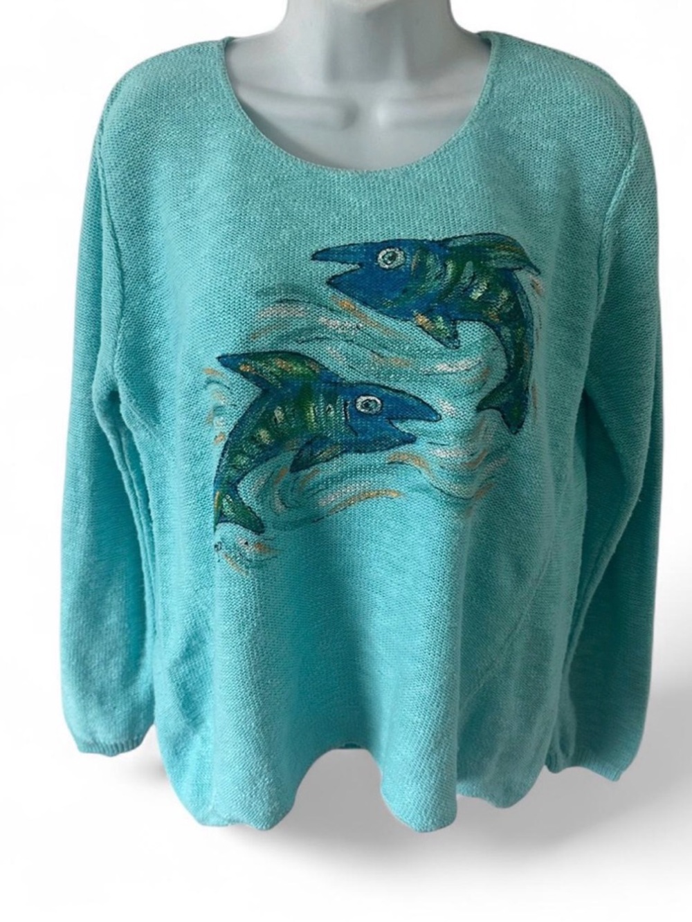 Turquoise Crewneck Sweater with Fish‎ Graphic